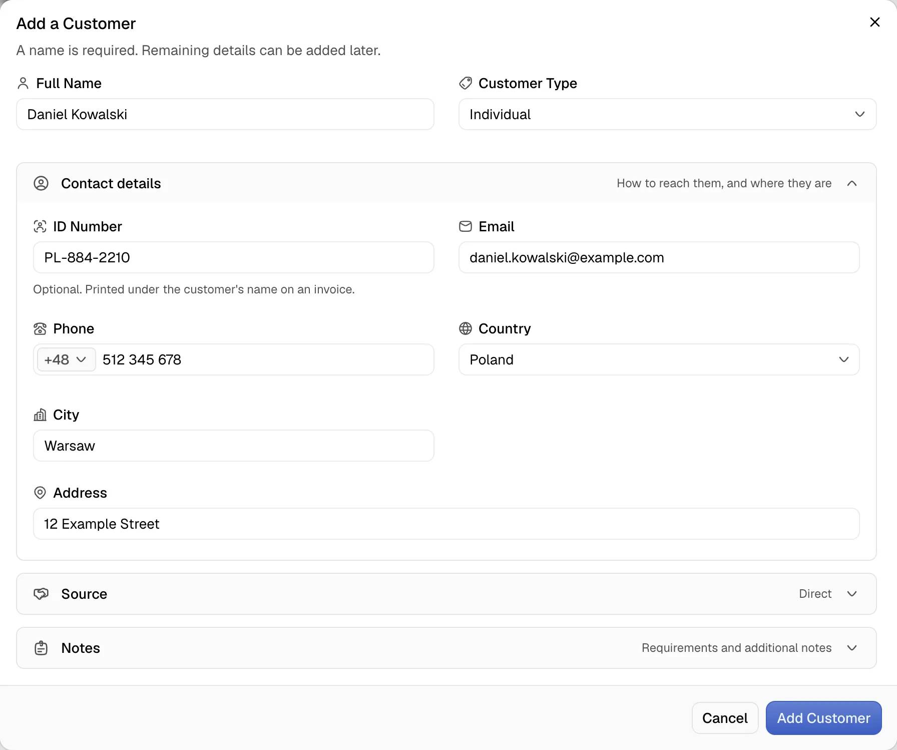 The Add a Customer dialog with the Contact details section open