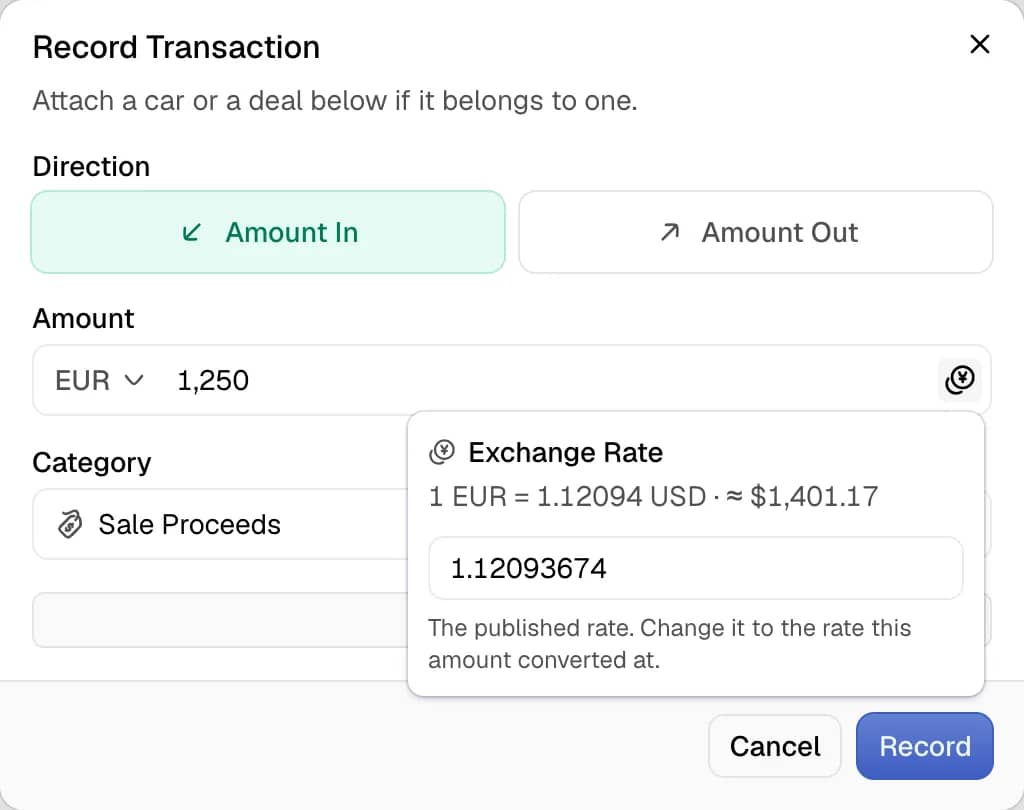 The Exchange Rate panel of the Record Transaction dialog, showing the published rate for euros and the converted amount.