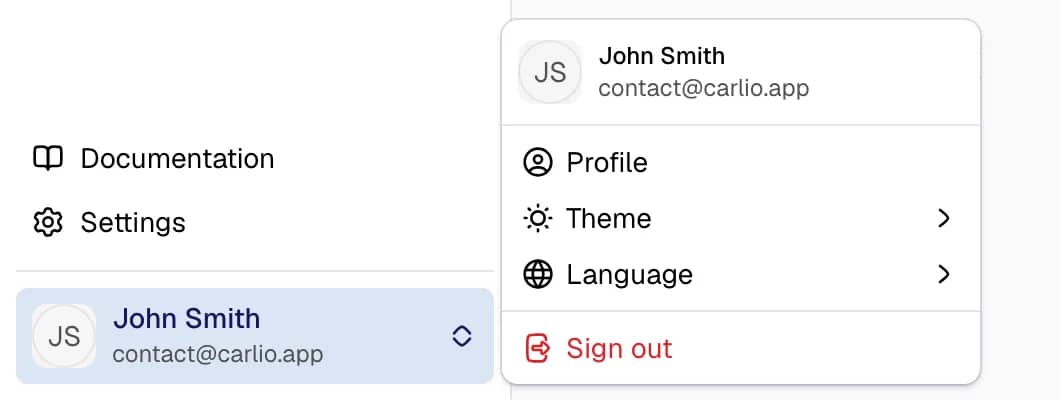 The account menu open at the bottom of the sidebar, listing Profile, Theme, Language and Sign out.