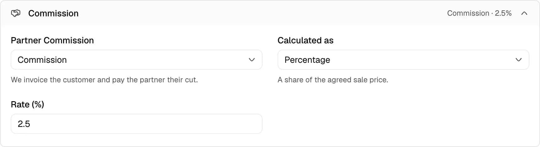 The Commission section of the deal dialog with Commission selected and a percentage rate of 2.5