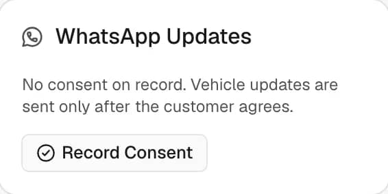 The WhatsApp Updates card with no consent on record and the Record Consent button