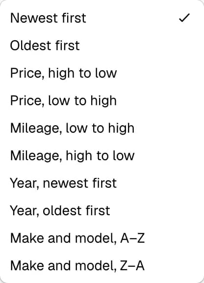 The sort menu listing the ten orders of the inventory, with Newest First marked as the current order
