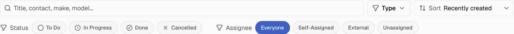 The task list toolbar with the search field, the Type list, the Sort list, the Status chips and the Assignee chips