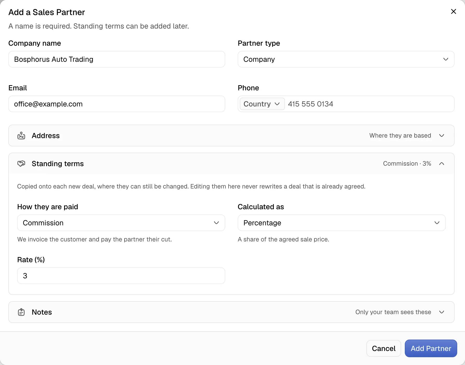 The Add a Sales Partner dialog with the Standing terms section open and the Commission option selected