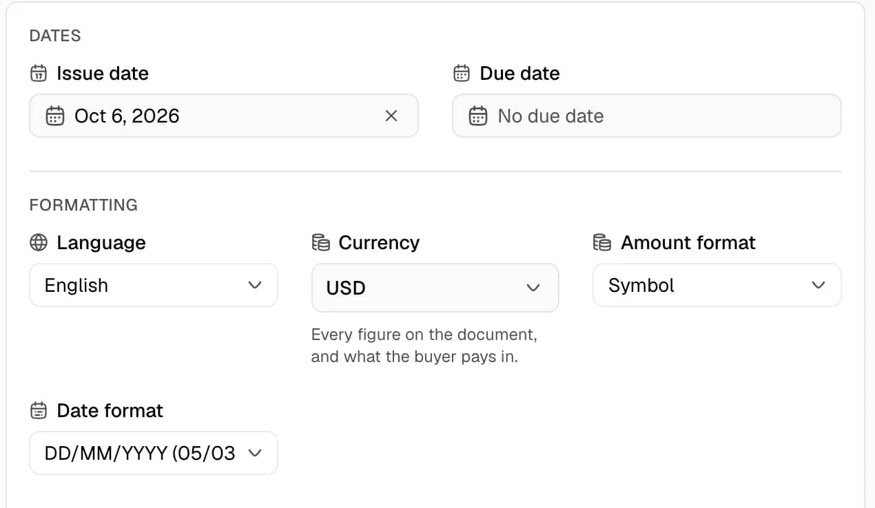 The Details tab of the invoice form with the Dates and Formatting sections