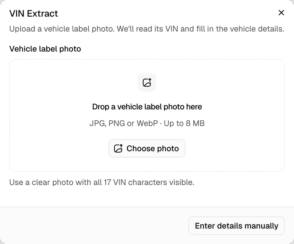 The VIN Extract dialog with the Choose Photo button and the Enter Details Manually button