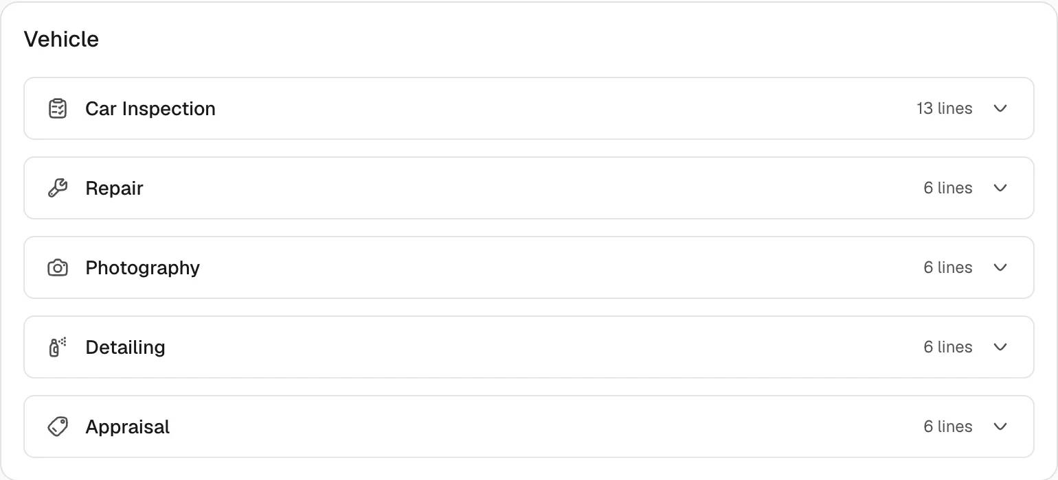 The Vehicle card of the Task Checklists page, listing five task types with the number of lines of each checklist.