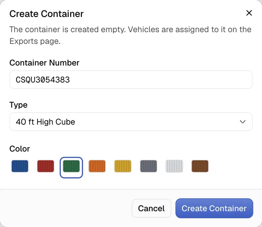 The Create Container dialog with the container number, the type and the color fields