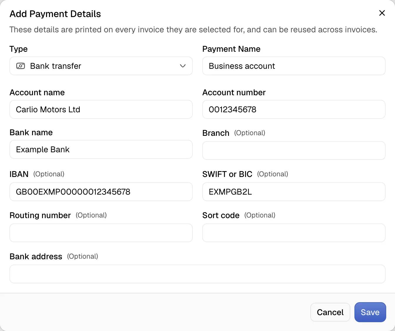 The Add Payment Details dialog with the Bank transfer type and its fields