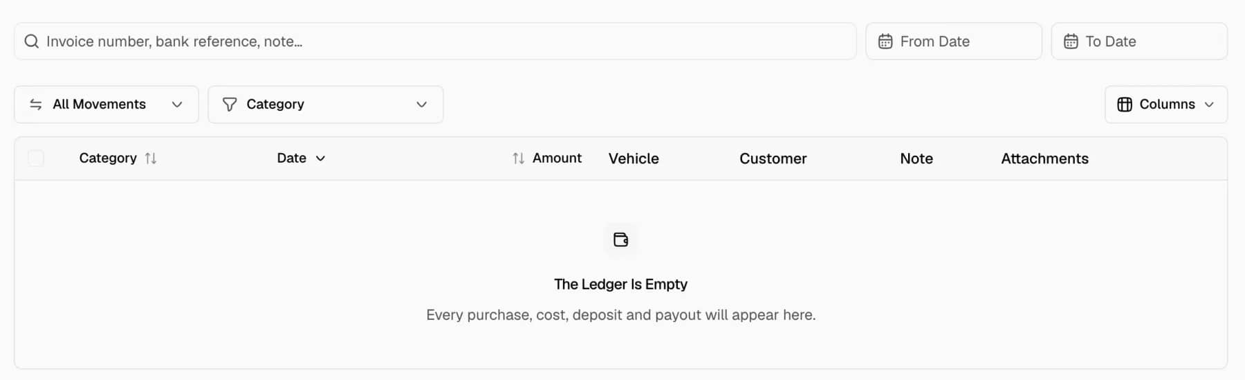 The Transactions page with the search field, the date fields, the direction and category menus, the Columns menu and the table header.