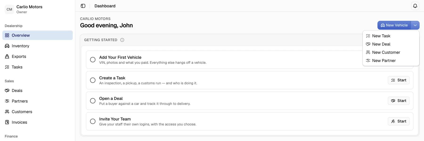 The Overview page with the More Create Options menu open, listing New Task, New Deal, New Customer and New Partner