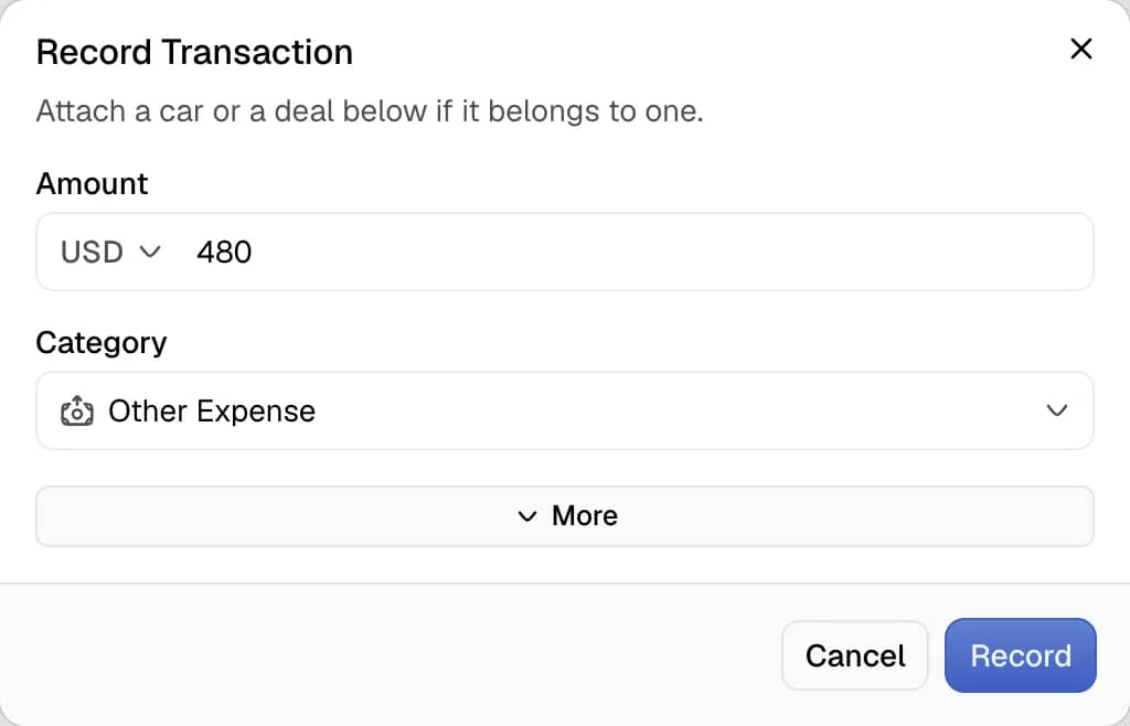 The Record Transaction dialog opened from New Expense, with an amount of 480 and the category Other Expense.