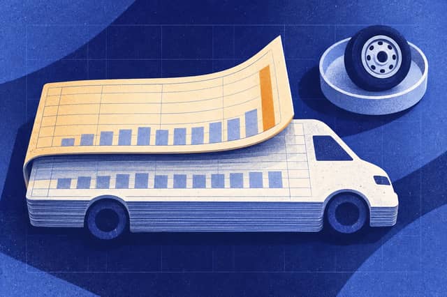 Editorial collage of Van-shaped export ledger with a swollen monthly page, level cumulative block, and separate sealed benchmark wheel.