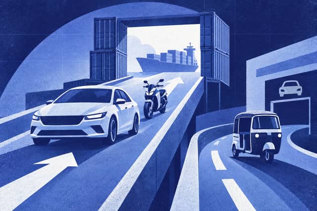 Editorial collage of Passenger car and two-wheeler crossing an export threshold, with three-wheeler and separated domestic-sale lane.