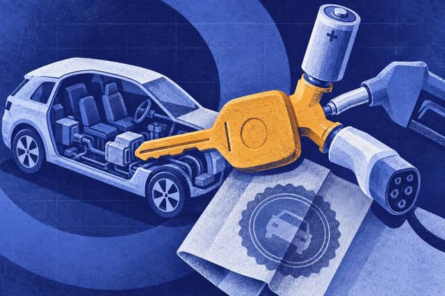 Editorial collage of Three-way vehicle key adapter linking a cutaway compact car to battery, fuel and charging interfaces beneath a partial registration seal.