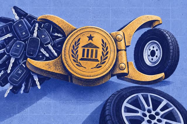 Editorial collage of Split customs seal gripping incoming car keys and loosening around an export wheel beside a mismatched all-vehicle wheel.