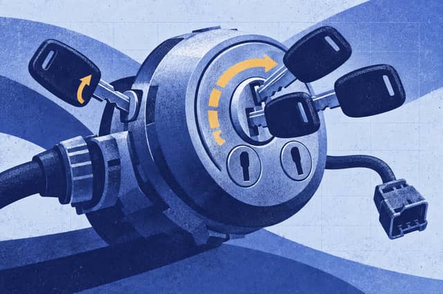 Editorial collage of Cutaway ignition cylinder with three advancing keys, one resisting key, and disconnected sales and export cables.