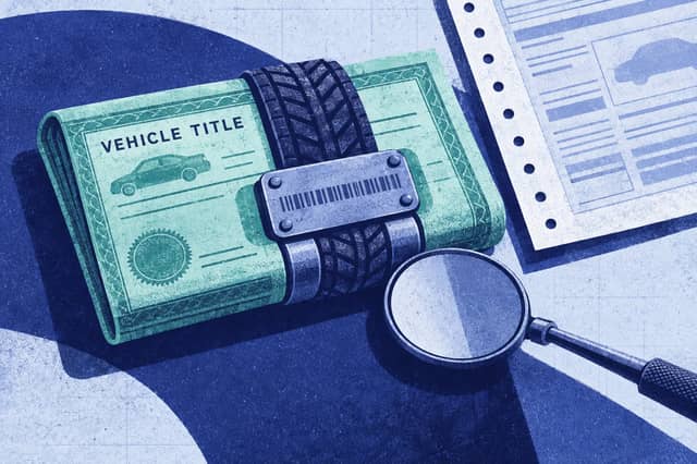 Editorial collage of Folded vehicle title forming a clasp around a VIN plate and tire tread, with an offset transfer sheet and inspection mirror.