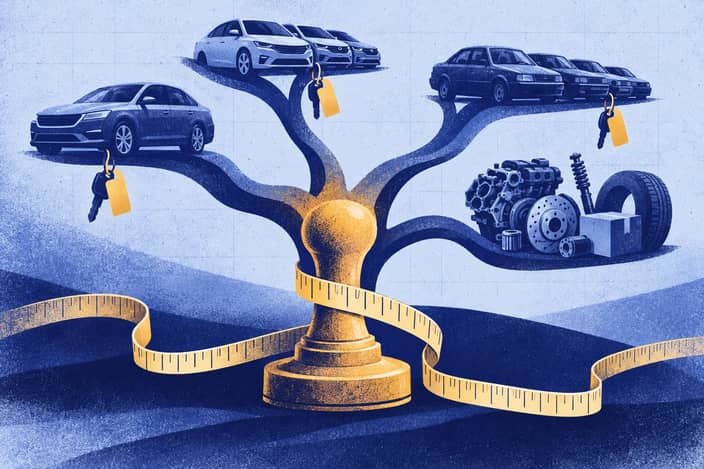 Editorial illustration of Provisional customs seal branching into separate automobile, car and parts categories.