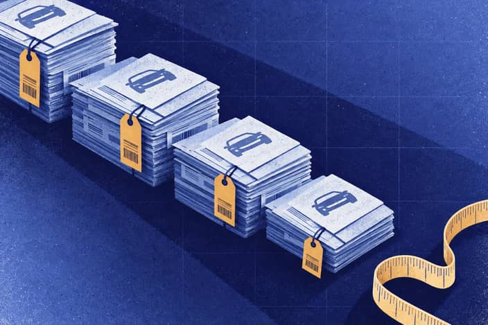 Editorial illustration of Descending customs folders with a loose measuring tape beside the final lower step.