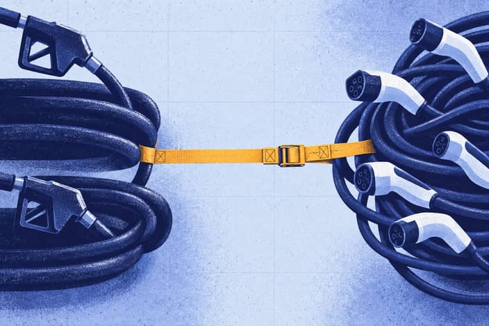 Editorial illustration of Shrinking fuel-hose coils opposed by fuller charging cables within an expanding market.