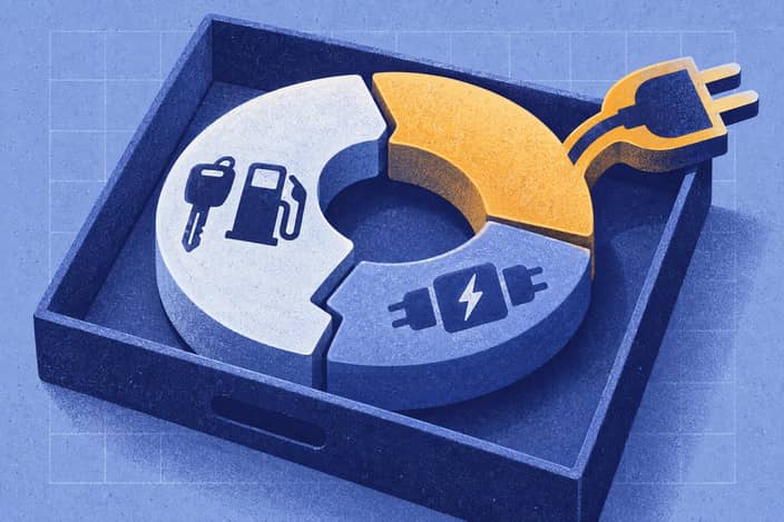 Editorial illustration of Segmented stock ring linking hybrid volume, battery-electric growth, and plug-in-hybrid supply.