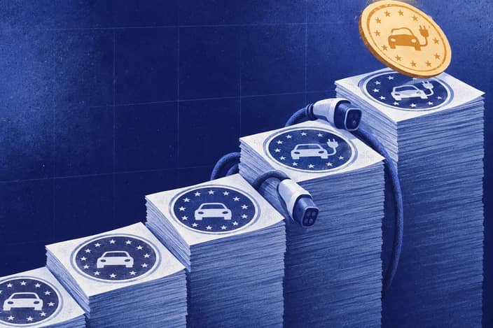 Editorial illustration of Registration seals and charging plugs forming a growing but provisional electrified market staircase.