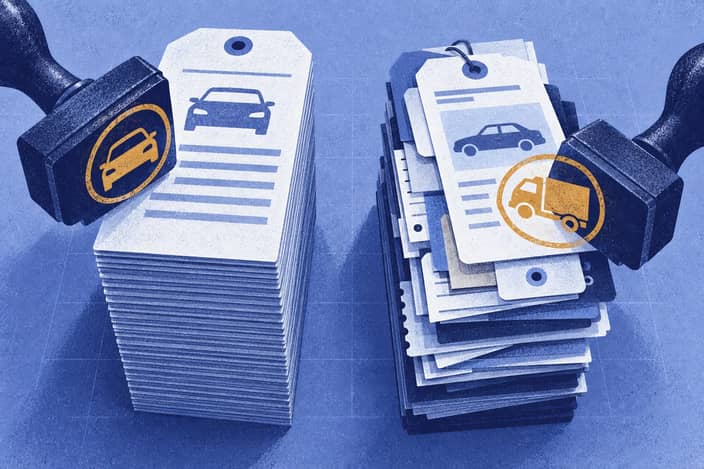 Editorial illustration of Distinct registration bundles and seals showing incompatible market definitions.