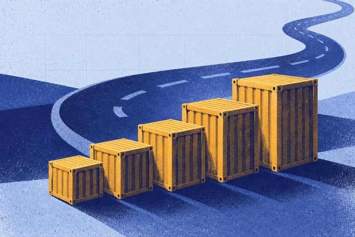 Editorial illustration of Ascending export seals with a continuing but unresolved year-to-date road ribbon.