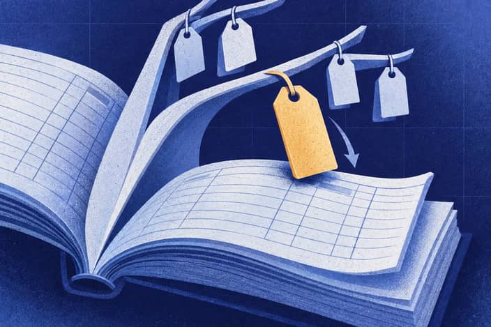 Editorial illustration of A descending export key tag among branching ledger tiers and differing annual account leaves.