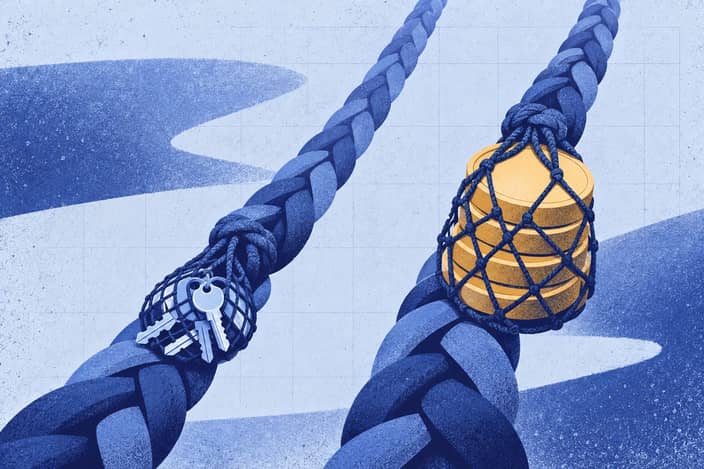 Editorial illustration of Parallel braided export lanes carrying a sparse key net and heavier rising price seals.
