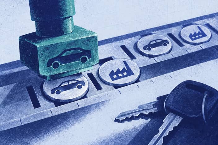 Editorial illustration of Date stamp and factory seal moving along repeated model-year marks.