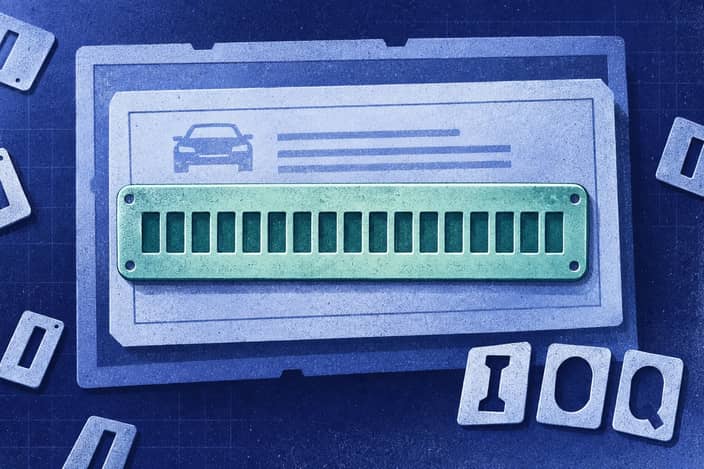 Editorial illustration of Seventeen-slot registration tag enclosed by a U.S. format frame with excluded pieces outside.