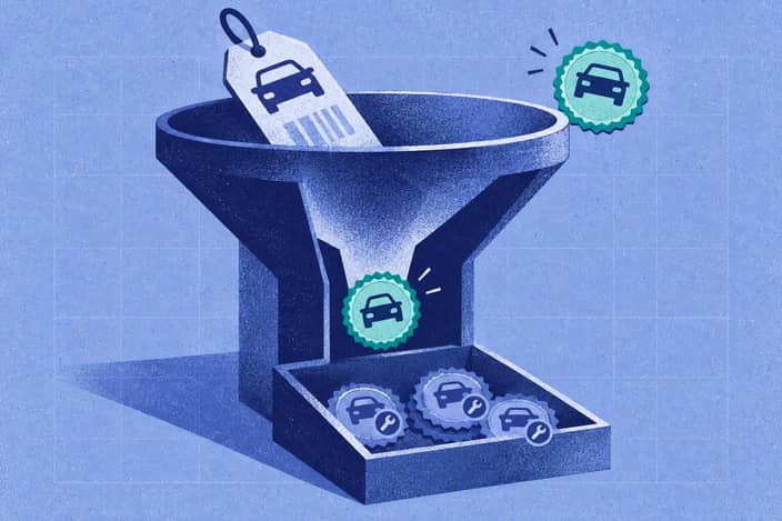 Editorial illustration of VIN tag, recall funnel, closed repaired seals, and newly issued notice beyond coverage.