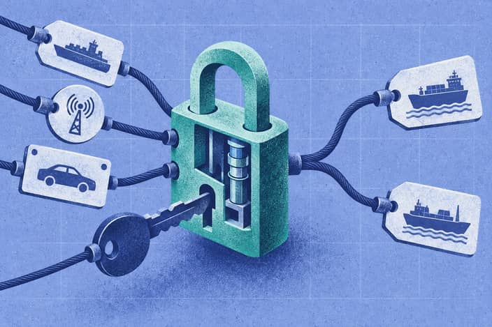 Editorial illustration of Central padlock linking sailing identifiers to two competing arrival tags.