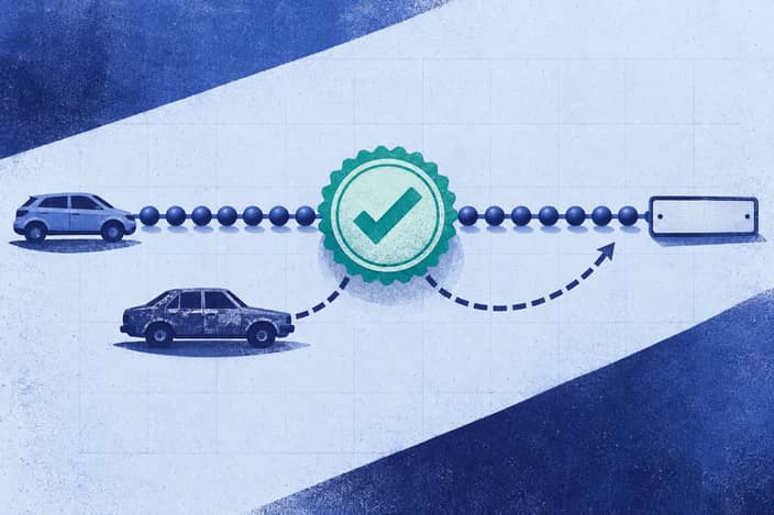 Editorial illustration of Approval seal, arrival beads, registration plate, and an age-worn tyre on a timed sequence.
