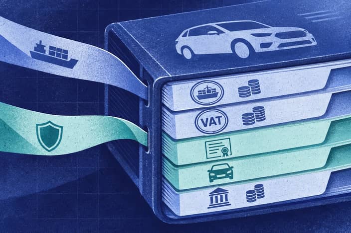 Editorial illustration of Layered landed-cost ledger with border seals, domestic stamps, and transport insurance cords.
