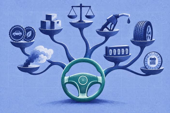 Editorial illustration of Steering wheel branching toward vehicle particulars and separate charge vessels.