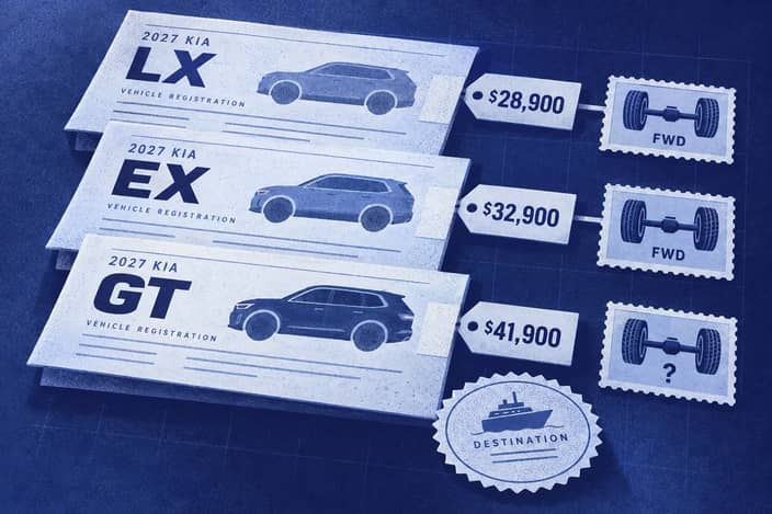 Editorial illustration of Three trim papers, two connected drivetrains, one unspecified axle, and a detached destination seal.