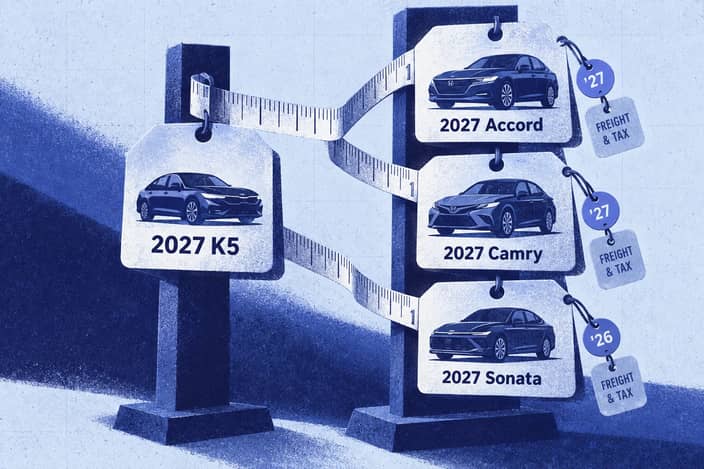 Editorial illustration of Measuring tape comparing one newer K5 price with three older rival starting prices.