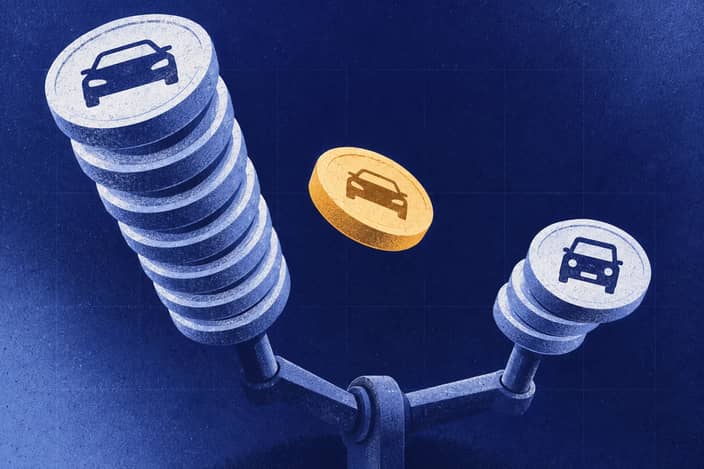 Editorial illustration of Diverging registration-seal stacks showing ordinary vehicles rising while kei registrations fall.