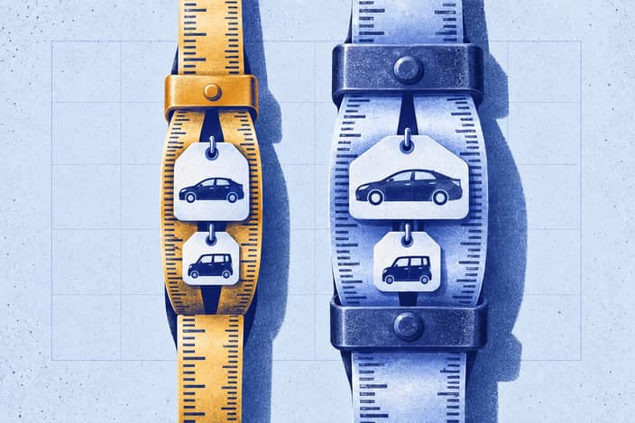 Editorial illustration of Paired measuring-tape columns separating year-on-year change from absolute registration scale.