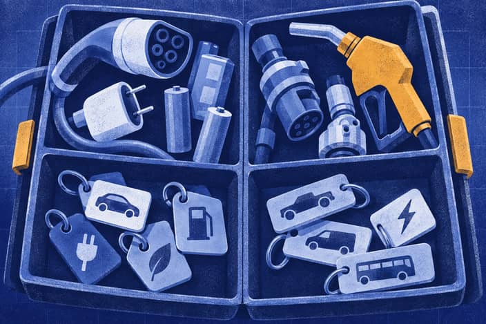 Editorial illustration of Four-compartment release folio sorting mixed and compact powertrain components.