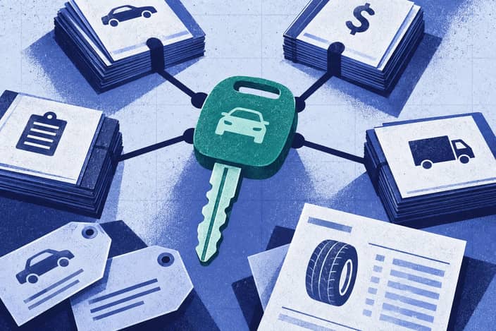 Editorial illustration of Vehicle key linking vehicle, sales, and shipment ledgers, with unfiled records beyond the network.