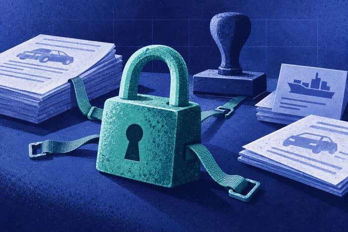 Editorial illustration of Unconnected compliance stamp and padlock surrounded by export papers awaiting dealership verification.