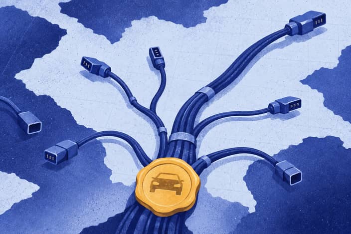 Editorial illustration of Branching charging harness with uneven provincial plugs and unsealed reporting sockets.
