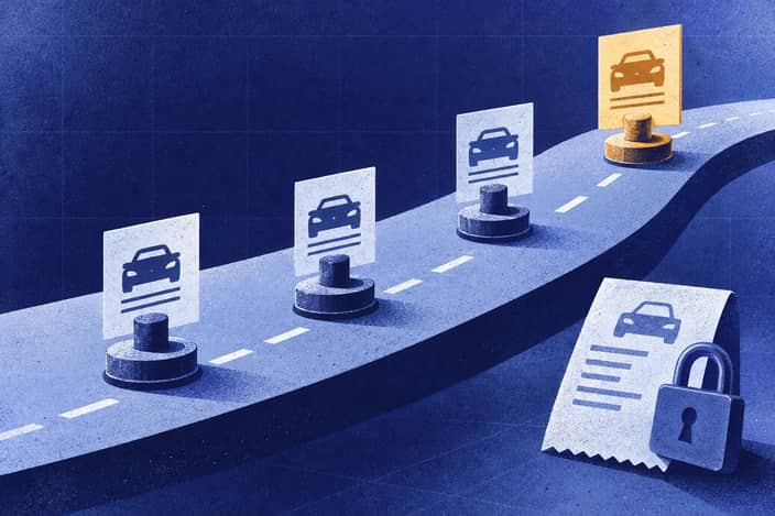 Editorial illustration of Registration stamps on a time ribbon beside a padlocked sales receipt.