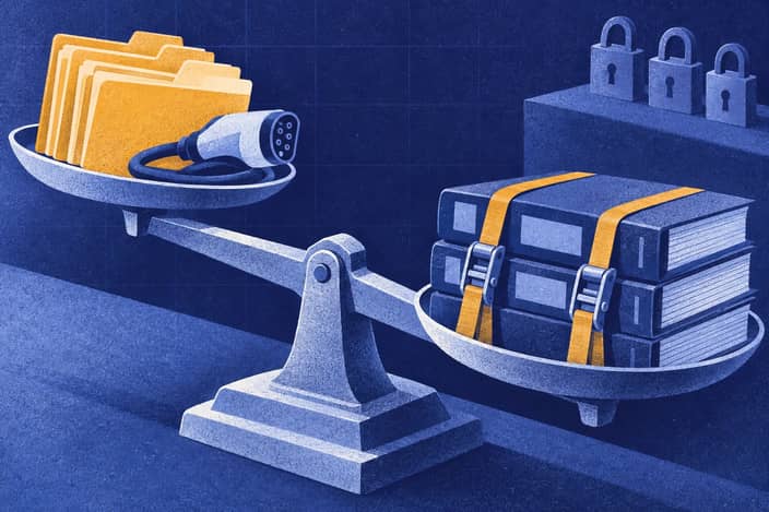 Editorial illustration of Tilted trade balance with rising imports, heavier declining exports, and locked unknown conditions.