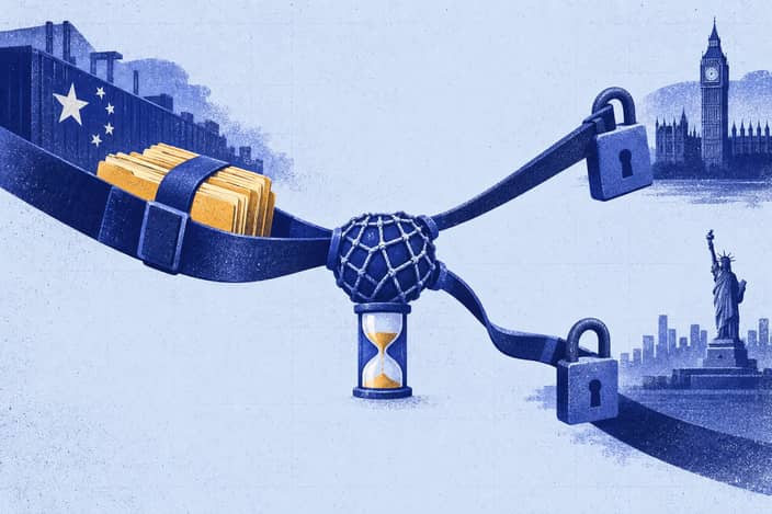 Editorial illustration of Converging trade straps linking thicker Chinese imports with uneven United Kingdom–United States exports.