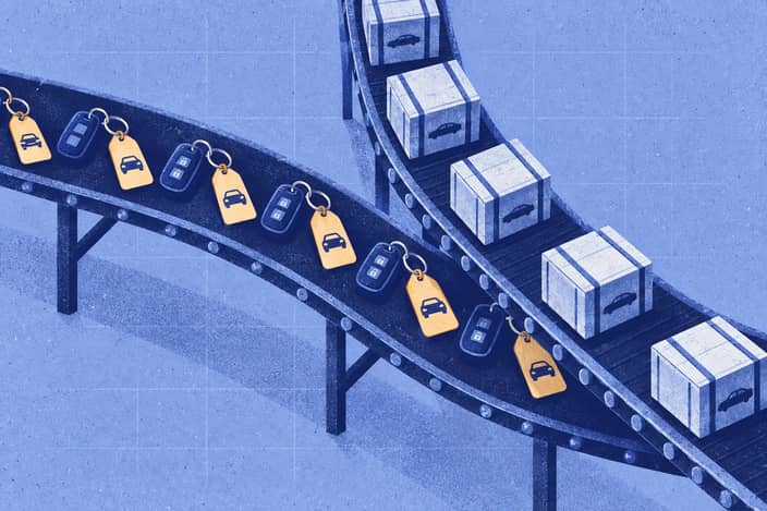 Editorial illustration of Showroom sales ribbon crossing a Japan-shipped export ribbon with different scopes.